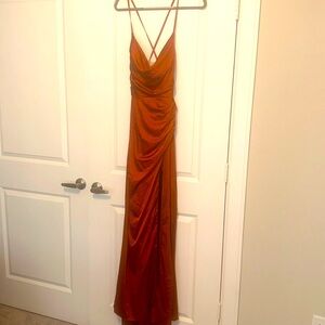 MELODY OF LOVE SATIN BUSTIER SLIT DRESS: RUST